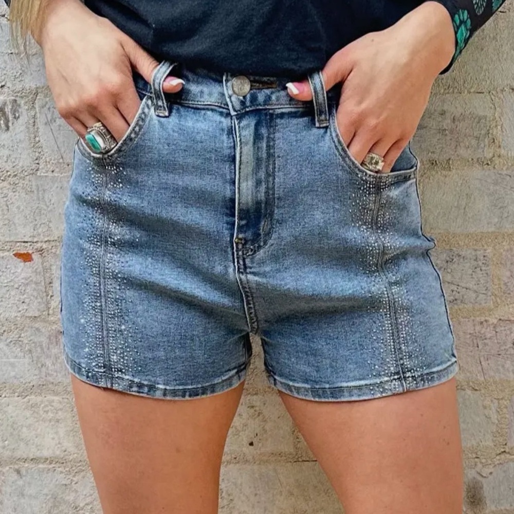 Women's Light Blue Denim Jean Shorts with Subtle Embellishment
